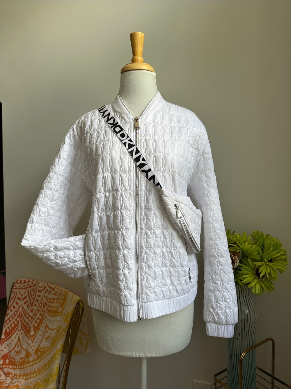 DKNY White Quilted Bomber Jacket with Logo Crossbody